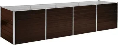 A long, rectangular raised garden bed with a dark brown wood-grain exterior and silver metal trim and supports.