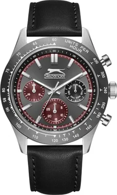 A close-up studio shot of a men's watch with a black leather strap and a gray dial.