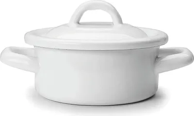 A white enamel pot with a lid and two handles, shown from a slightly elevated side angle on a white background.