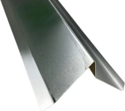 A close-up, angled view of a metal roofing trim piece against a white background.
