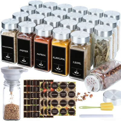Produktbild von Gewürzgläser Eckig (24x 120ml), Gewürzdosen mit Edelstahldeckel, Trichter, Etiketten & Stift, Gewürzstreuer Transparenter, Spice Jars, Gewürzbehälter