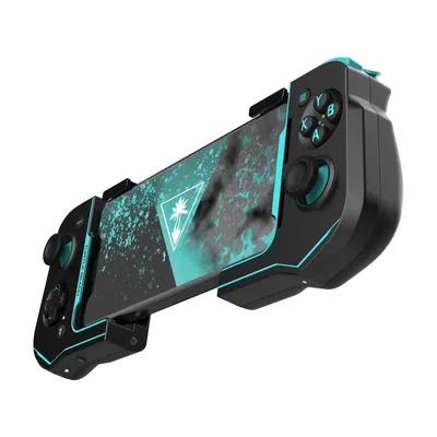 A black and teal mobile game controller with a stylized graphic on the screen.