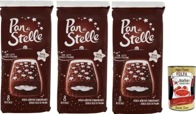 Produktbild von 3x Pan di Stelle Merenda, Biskuit kuchen mit Kakao und Milchcreme 280g + Italian Gourmet polpa 400g