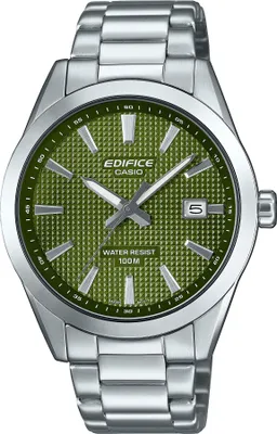 A close-up studio shot of a men's wristwatch with a green textured dial and a silver metal band.