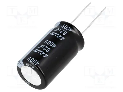 Image de 1 condensateur : électrolytique, 82 µF, traversant (THT), diamètre 18 x 31,5 mm, 400 VDC, tolérance 20 %, référence PF2G820MNN1832