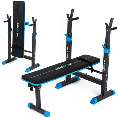 Produktbild von THUNDER® | MONET | Trainingsbank mit verstellbaren Hantelablagen | Flachbank & Schrägbankfunktion | Max. Belastung 280 kg | Für Zuhause | Schwarz-Blau