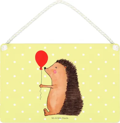 Produktbild von Mr. & Mrs. Panda Holzschild Igel Luftballon DIN A4 - Gelb Pastell - Geschenk, Ballon, kleine aufmerksamkeit, Deko Wandbild, sprüche schild, Geburtstag, Lustige, Türschild
