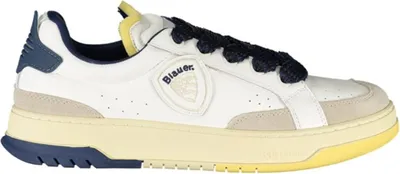 Produktbild von Weißer Herrensportschuh: Kontrastdetails in Blau, herausnehmbares Fußbett