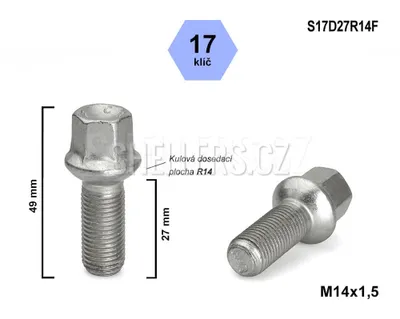 Obrázok produktu pre Skrutka kolesa M14x1,5x27 guľová skrutka R14, kľúč 17, S17D27R14F, výška 49 mm