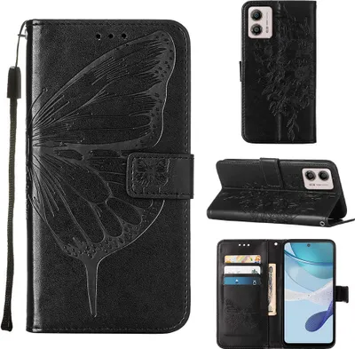 Produktbild von Lederhülle für Motorola Moto G53 / G23 / G13 Schmetterling Prägung Flip Ledertasche Kartenfächer Handyhülle mit Ständer Schwarz
