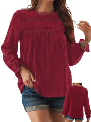 Productafbeelding van TUUHAW Oversized shirt voor dames, lange mouwen, tuniek, boho blouse, ronde hals, rood, maat XXL