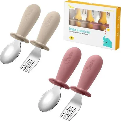 Produktbild von Babybestekset aus Edelstahl, für Babys und Kleinkinder, mit Silikon-Griffen, 3er Set, 10 Monate +, in Zandwei, Marmorrosa und Rosa