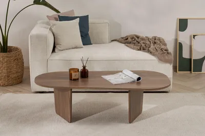 A living room scene with a couch, coffee table, and decor.