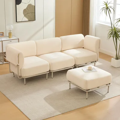 Produktbild von MODFU 3-Sitzer Sofa mit Hocker, modulares L-förmiges Ecksofa, Chenille-Stoff, Modulares Posterstuhl Relaxsessel für Wohnzimmer,Beige