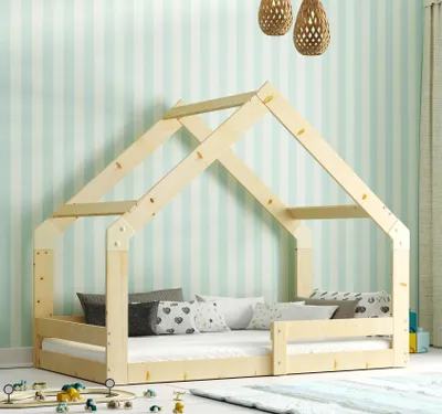 Produktbild von Interbeds Hausbett 160x80cm Montessori Kinderbett aus Kiefernholz Bodenbett mit Rausfallschutz Naturton