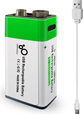 A 9V rechargeable battery with a USB charging cable.