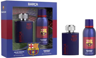 A gift set of F.C. Barcelona branded toiletries, including eau de toilette and deodorant body spray, displayed in its original packaging.