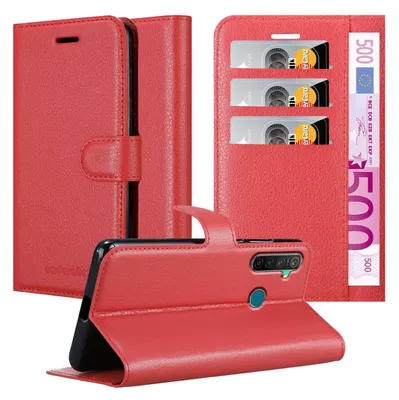 A red flip-style phone case with card slots and a banknote is displayed.