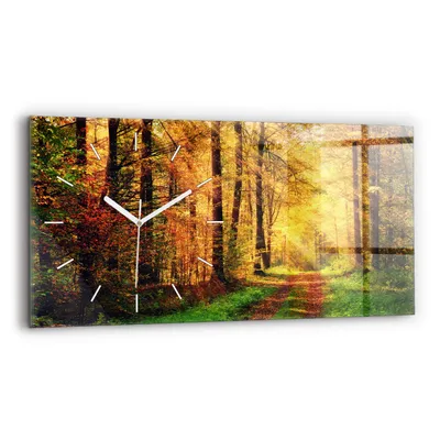 Produktbild von Wallfluent Wanduhr – Stilles Quarzuhrwerk - Uhr Dekoration Wohnzimmer Schlafzimmer Küche - Zifferblatt mit Strichen - weiße Zeiger - 60x30 cm - Herbstwaldlandschaft