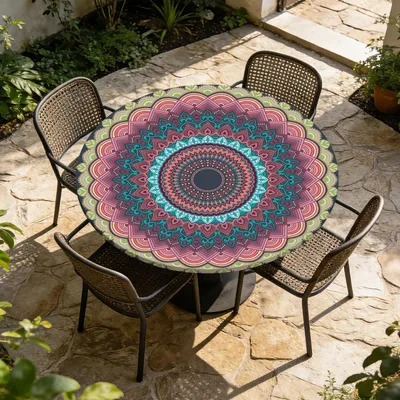 Produktbild von Tischdecke Rund Abwaschbar mit Gummizug Ø 90cm Vinyl Mandala-1 Outdoor Gartentischdecke