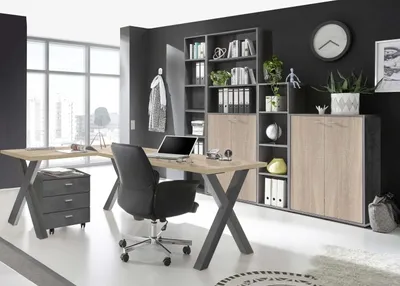 Produktbild von Büromöbel Mister Office 6 teiliges Komplett Set in Graphit und Eiche Sägerau