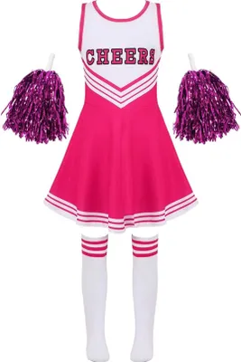 Produktbild von Kinder Mädchen Cheerleader Gr. 130 Cm Kostüm Komplettes Set Kleid mit Pompons Overknee Streifen Socken Faschingskostüm