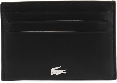 A black leather cardholder with the Lacoste logo.