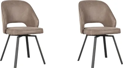 Two taupe-colored dining chairs with dark gray metal legs are shown against a white background.