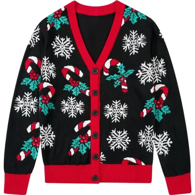 Produktbild von Damen-Korregingstrickjacke Weihnachtspullover zum Aufknöpfen Knöpfe Schneeflocken Schwarz L