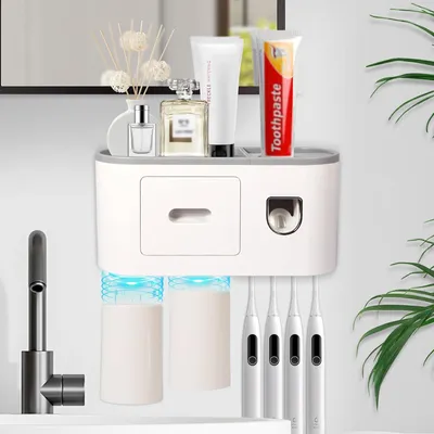 Produktbild von Badezimmer-Organizer mit Zahnpastaspender und Halter für Zahnbürsten Weiß