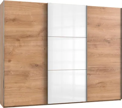 Productafbeelding van Schuifdeurenkast Level, garderobekast. Kleur en afmetingen naar keuze, uitvoering: plankeneik / wit glas, afmetingen: 300x65x236 cm