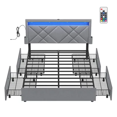Produktbild von VASAGLE Polsterbett mit LED und 7-Zonen Taschenfederkernmatratze Set, 4 Schubladen, USB, 140 x 200 cm, Hellgrau und Blau