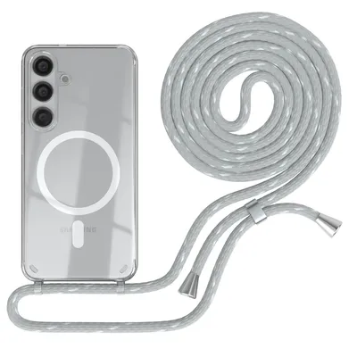 Produktbild von EAZY CASE - Handykette kompatibel mit Samsung Galaxy S24 Kette zum Umhängen Stoßfest Handyhülle für Galaxy S24 Silikon Hülle mit Band Handytasche Transparent Fallschutz in Grau/Weiß - Clips Silber