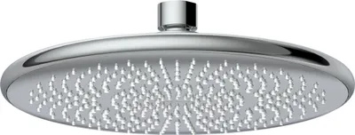 A close-up studio shot of a modern, chrome-finished shower head.