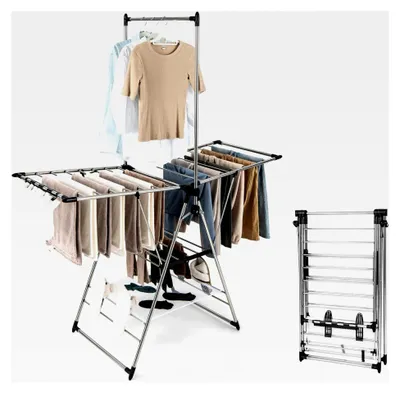 Produktbild von Klappbarer Wäscheständer, Standtrockner mit 2 Flügeln, höhenverstellbar, mit Wäschestange, Sockenhalter und 4 Schuhhaltern, Flügelwäschetrockner für Innen- und Außenbereich