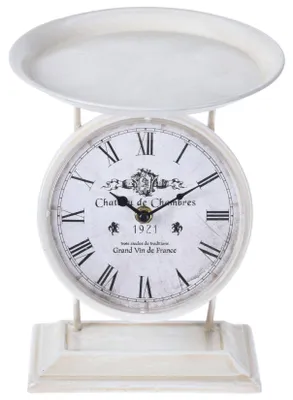 Produktbild von Weiße Retro Tischuhr aus Metall mit Regal und römischen Ziffern, 20x20x25,5 cm