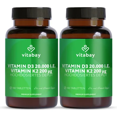 Produktbild von Vitabay Vitamin D3 + K2 Depot – 360 vegane Tabletten – 20.000 I.E. Vitamin D3 mit K2 MK7 All-Trans – ohne Zusatzstoffe – vegan - 2er Bundle