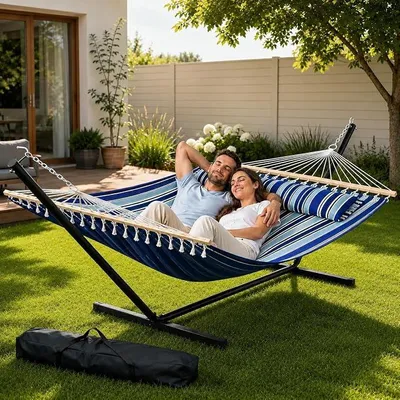 Imagen del producto de Hamaca doble con estructura para 2 personas, 290 x 150 cm (largo x ancho)