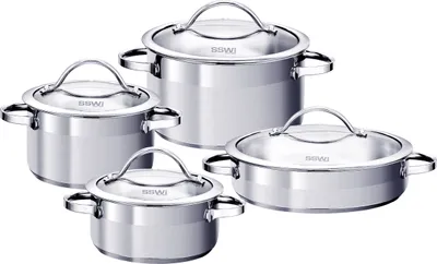 Image de Set de casseroles SSW Pulpo, acier inoxydable, finition satinée avec bande polie, 8 pièces