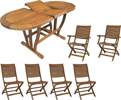 Immagine prodotto di Milani Home - Set Tavolo Giardino Allungabile Ovale 180/240x100 Con 4 Sedie E 2 Poltrone In Legno Di Acacia Massiccio Per Esterno - Marrone