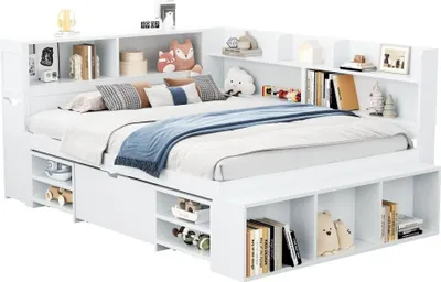 Produktbild von AIORBER Kinderbett 90x200 / 140x200 Einzelbett multifunktional mit Schubladen Bücherregal Stauschrank Lattenrost großer Stauraum ohne Matratze Weiß