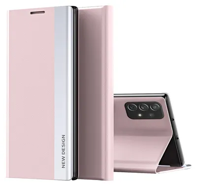 A pink flip phone case is shown standing upright next to a pink smartphone with its case open.