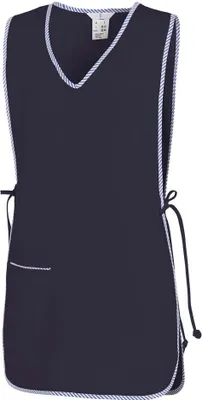 A dark blue apron is shown against a white background.