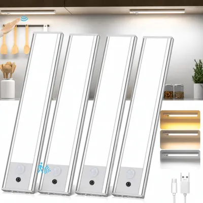 Produktbild von 4er-Set LED Unterbauleuchte, Lichtleiste Mit Bewegungsmelder, Kabellos Wiederaufladbare Unterbauleuchten, 3 Modi Sensor Schrankleuchten, Silber