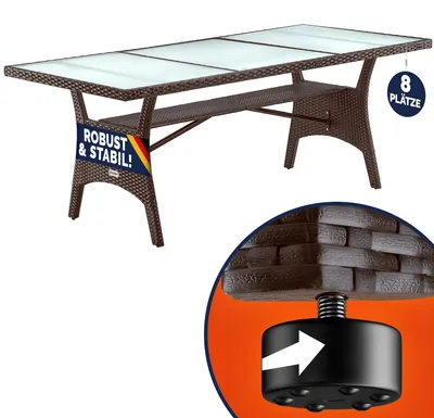 Immagine prodotto di Casaria Tavolo da Giardino in Polyrattan 190x90x74cm con Ripiano in Vetro Altezza Regolabile da Pranzo per Terrazza Esterno