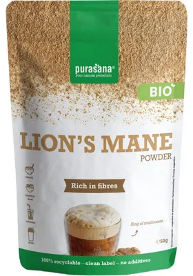Zdjęcie produktu dla Purasana Lion's Mane Powder 50g - Naturalny proszek grzybowy na koncentrację, wegański