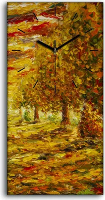 Produktbild von Wandkunst Leinwand Bild Uhr Geräuschlos 30x60 Gemälde Wald Bäume Herbst Natur - schwarze Hände