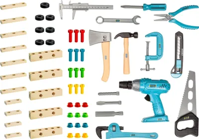 A collection of toy tools and building components arranged on a white background.