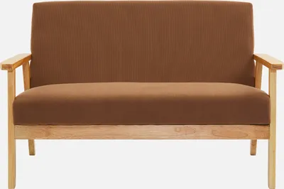 A brown loveseat sofa with wooden legs against a white background.