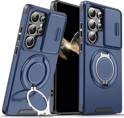 Immagine prodotto di Custodia a doppio strato per Samsung Galaxy S25 Ultra, con copertura scorrevole della fotocamera e supporto magnetico ad anello Blu